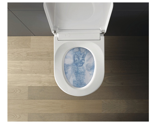 Aufnahme einer Toilette mit offenem Toilettendeckel und laufendem Wasser