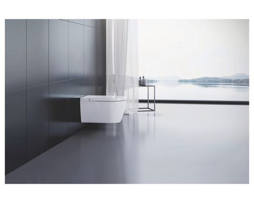 Modernes Badezimmer mit wandhängendem WC und Ausblick auf einen See