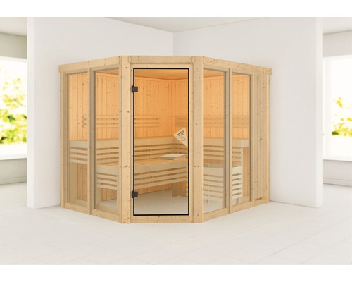 Sauna modulaire Karibu Mandos 3 sans poêle ni couronne, avec porte entièrement vitrée couleur bronze