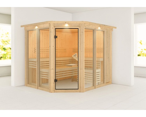 Sauna modulaire Karibu Mandos 3 sans poêle, avec couronne et porte entièrement vitrée couleur bronze