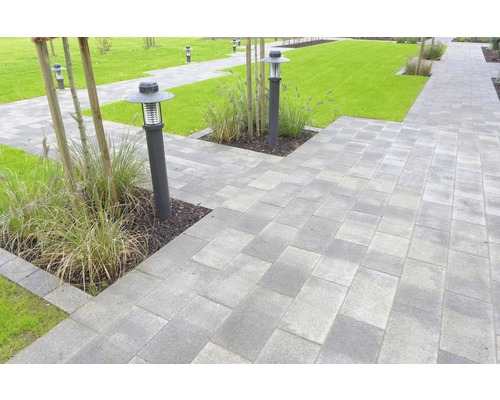 Chemin de jardin avec pavés en béton et éclairages extérieurs