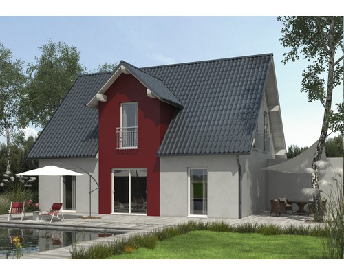 Ansicht eines Einfamilienhauses mit Garten und Terrasse