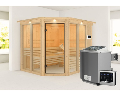 Sauna modulaire Karibu Mandos 3 avec poêle bio 9 kW et commande externe, avec couronne et porte entièrement vitrée couleur bronze
