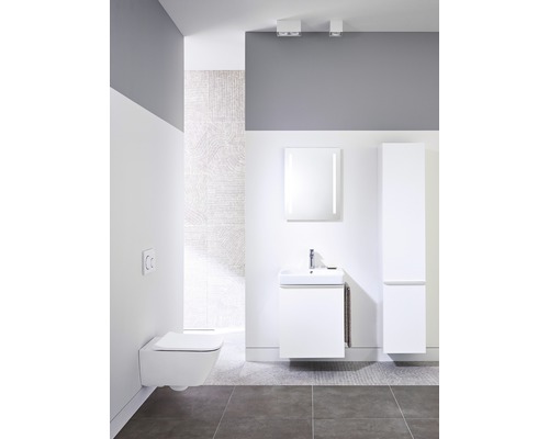 Salle de bains moderne avec WC suspendu, lavabo, armoire de toilette et armoire haute