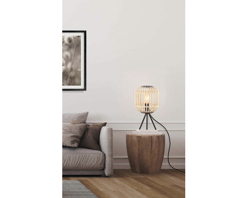 Lampe de table acier/bois 1 ampoule hxØ 400x210 mm Bordesley noir/nature + interrupteur à câble