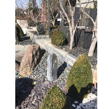 Aménagement de jardin décoratif avec des pierres ornementales, des rochers, des arbustes et des arbres pour un jardin proche de la nature.