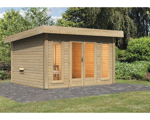 Chalet sauna Karibu Nordina sans poêle, avec vestibule et porte en bois avec verre à isolation thermique