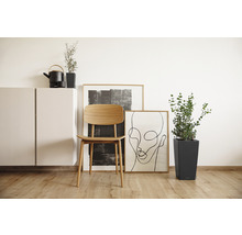 Szene mit modernem Interieur: Schrank, Stuhl, Pflanzen und Bilderrahmen.