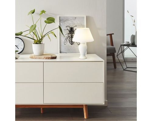 Commode avec lampe de table, plante, horloge et image