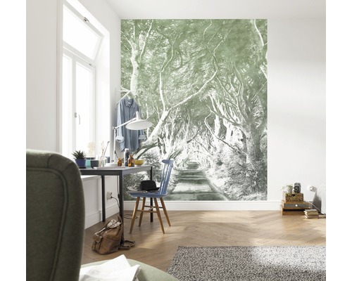 Wohnraum mit Fototapete eines Waldweges