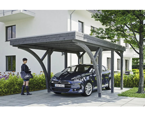 Einzelcarport SKAN HOLZ Friesland Set 6 inkl. Aluminium-Dachplatten, 2 Einfahrtsbögen, H-Pfostenanker 314 x 555 cm grau