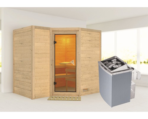 Sauna en bois massif Karibu Melanit 2 avec poêle 9 kW, sans couronne avec porte entièrement vitrée coloris bronze