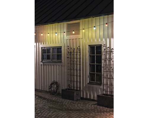 Extérieur d''une maison avec fenêtres, bacs à fleurs et guirlande lumineuse.