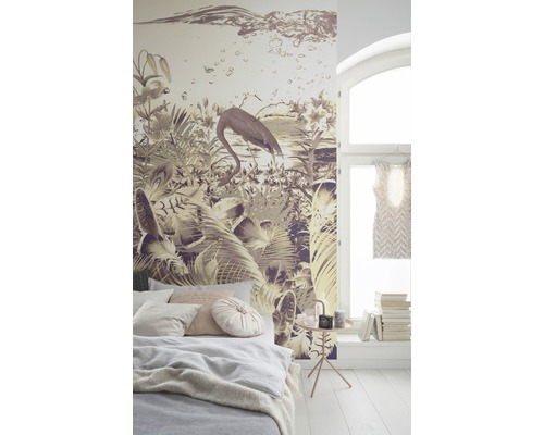 Chambre avec papier peint photo motif jungle et flamant rose