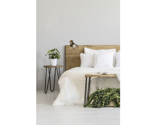 Schlafzimmer mit Holzbettgestell, Nachttisch, Lampe und Zimmerpflanzen