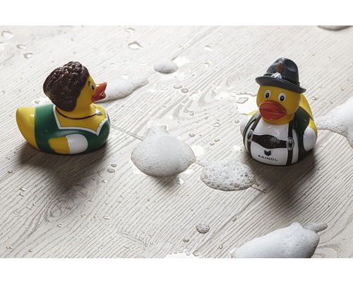 Scène avec deux canards de bain assortis et des bulles de savon sur un plancher en bois
