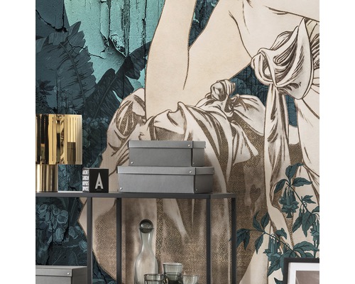 Peinture murale décorative avec motif de plantes et une femme sur une étagère avec décoration