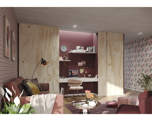 Salon avec espace de travail et portes coulissantes en bois