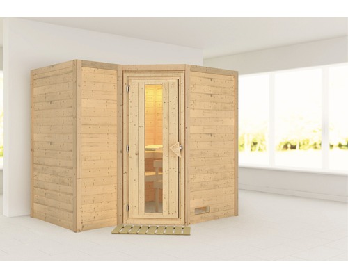 Sauna en bois massif Karibu Melanit 2 sans poêle ni couronne, avec porte en bois avec verre à isolation thermique
