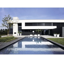 Maison moderne avec piscine, mobilier de jardin et plantations