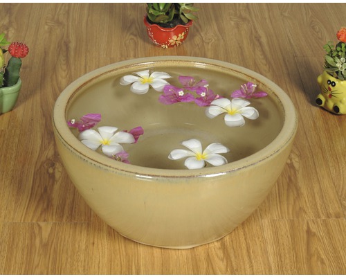 Dekorative Schale mit Wasser und Blüten auf einem Holztisch