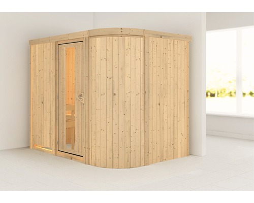 Sauna modulaire Karibu Korall IV sans poêle ni couronne, avec porte en bois avec verre à isolation thermique