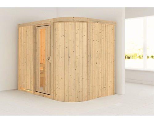 Elementsauna Karibu Korall IV ohne Ofen und Dachkranz mit Holztüre und Isolierglas wärmegedämmt