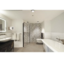 Helles Badezimmer mit Dusche, Waschbecken, Toilette und Badewanne