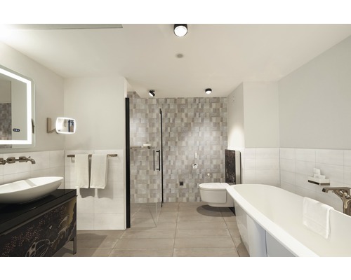 Salle de bains lumineuse avec douche, lavabo, toilettes et baignoire