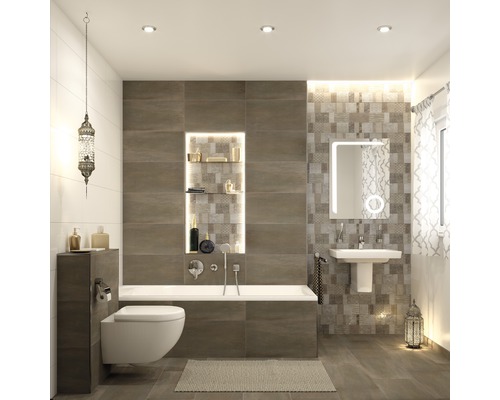 Salle de bain moderne avec baignoire, toilettes, lavabo et carrelage