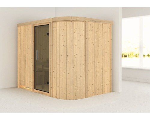 Sauna modulaire Karibu Korall IV sans poêle ni couronne, avec porte entièrement vitrée couleur graphite