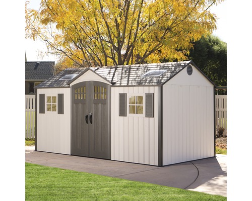 Abri de jardin avec porte double, fenêtres et lucarnes