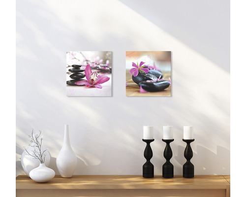 Deux tableaux muraux avec des motifs de pierres et de fleurs au-dessus d''une étagère avec décoration