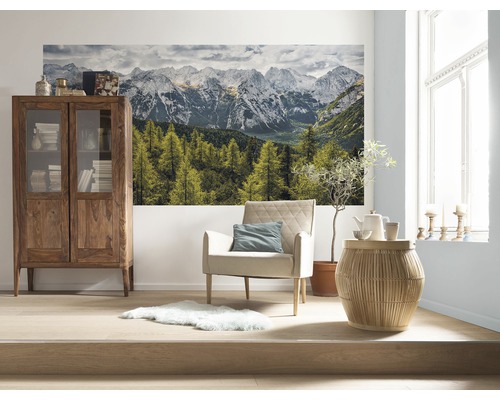 Salon avec armoire en bois, fauteuil, table d''appoint et papier peint photo avec motif de montagne
