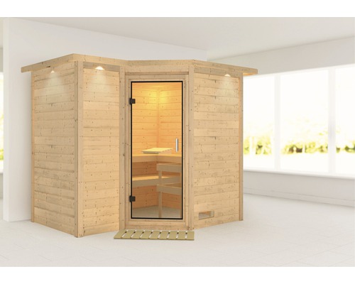 Sauna modulaire Karibu Melanit 2 sans poêle, avec couronne et porte entièrement vitrée en verre transparent