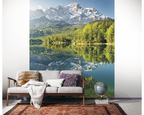Papier peint avec motif de lac de montagne dans un salon avec canapé et tapis