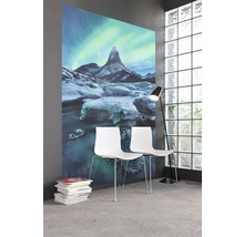 Raum mit Fototapete, die einen Berg, Eis und Wasser darstellt, mit zwei Stühlen und einer Stehlampe.
