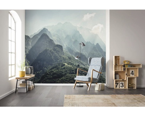 Salon avec papier peint à motif de montagne, fauteuil et étagères