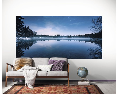 Image murale avec motif lac au-dessus d''un canapé dans un salon