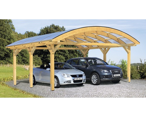 Carport pour deux véhicules Skanholz avec toit incurvé, 635x541 cm, nature Abri de voiture en bois avec toit transparent et deux voitures garées