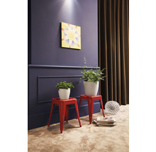 Intérieur avec tableau, plantes en pot sur tabourets, magazines et boule décorative