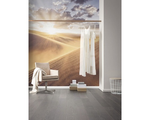 Pièce lumineuse avec papier peint désert, chaise et parquet