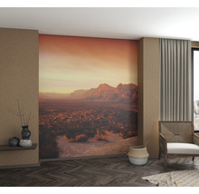 Salon avec papier peint photo représentant un paysage de montagne au coucher du soleil.