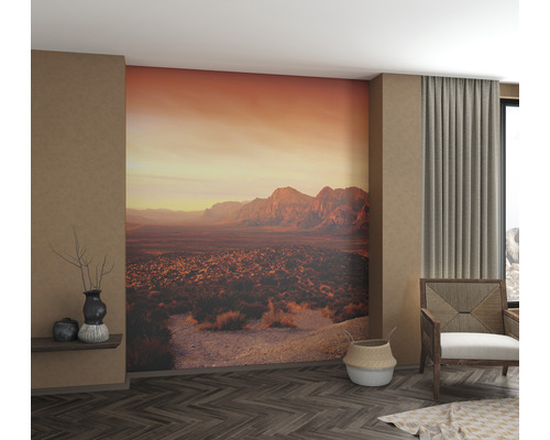 Salon avec papier peint photo représentant un paysage de montagne au coucher du soleil.