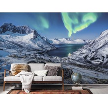 Tapete mit Berglandschaft, See und Polarlicht hinter einem Sofa