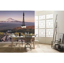 Heller Raum mit Esstisch, Stühlen, Lampe und Fototapete mit Berglandschaft