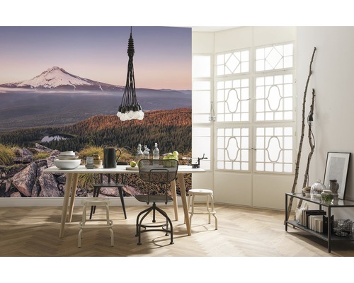 Pièce claire avec table à manger, chaises, lampe et papier peint photo avec paysage de montagne