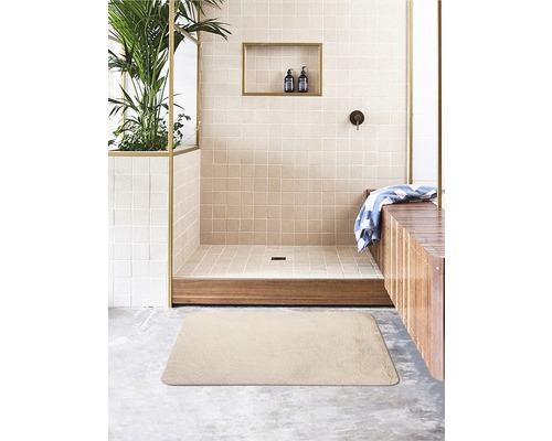 Tapis de bain beige dans une salle de bain avec douche et éléments en bois.