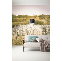 Wohnzimmer mit Sofa, Lampe und Fototapete mit Landschaftsmotiv