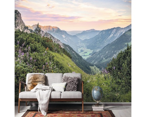 Papier peint photo avec motif de paysage de montagne derrière un canapé